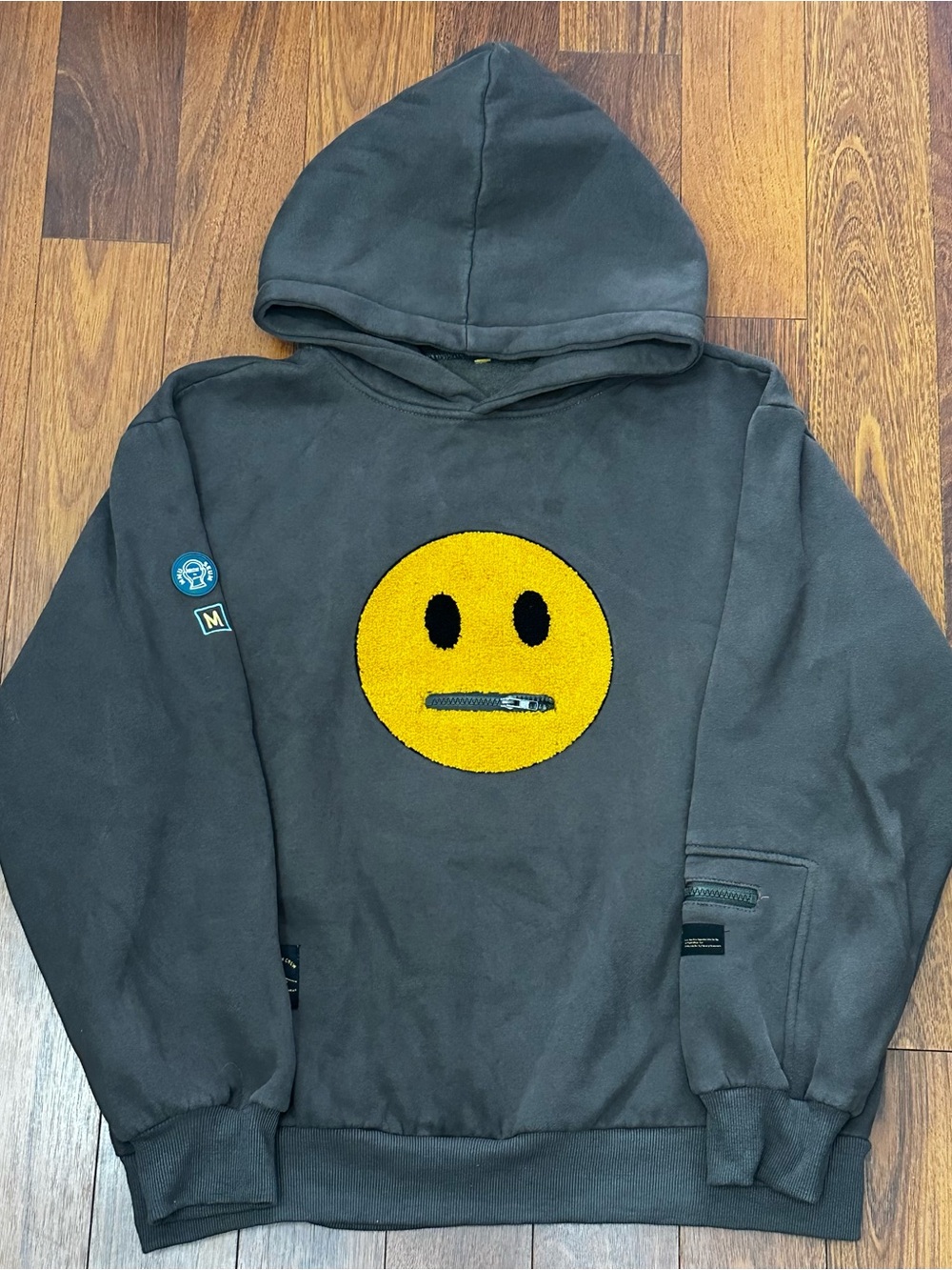 Black Hoodie with Yellow Smiley Patch Size L
